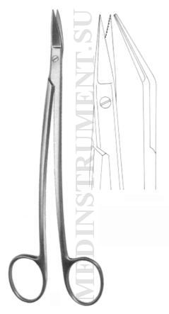 Ножницы вертикально-изогнутые остроконечные с изогнутыми ручками оториноларингологические с одним зубчатым лезвием по Дену, длина 170 мм