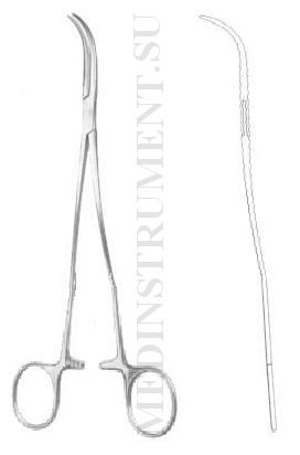 Зажим-диссектор по Оверхольту вертикально-изогнутый с изонутыми ручками, длина 270 мм