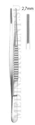 Пинцет сосудистый с атравматической насечкой по Дебеки с шириной рабочей части 2.7 мм, длина 160 мм